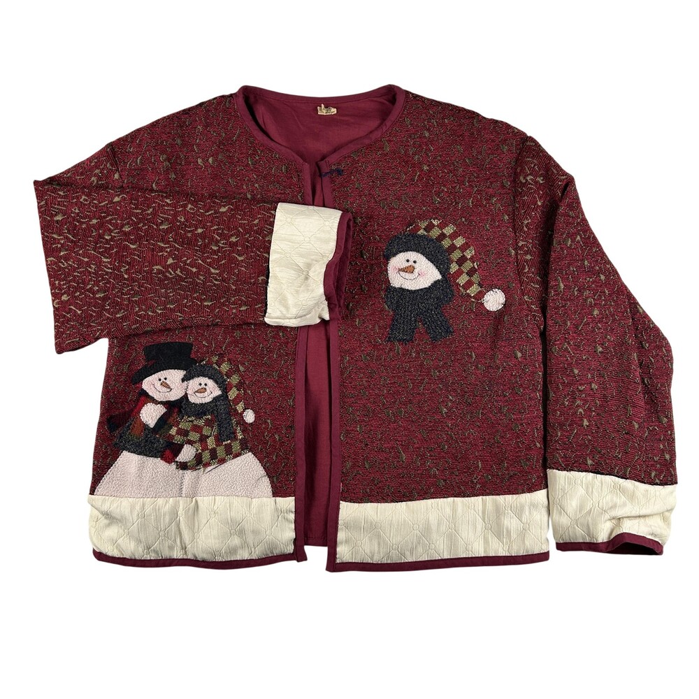 Kirklands Jacket Womens XL Red Quilted Snowman Christmas Trees Holiday Applique